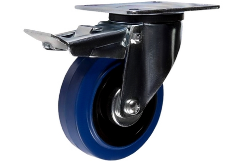 Колесо поворотное с тормозом, синяя эластичная резина, платформенное крепление SRCLb97